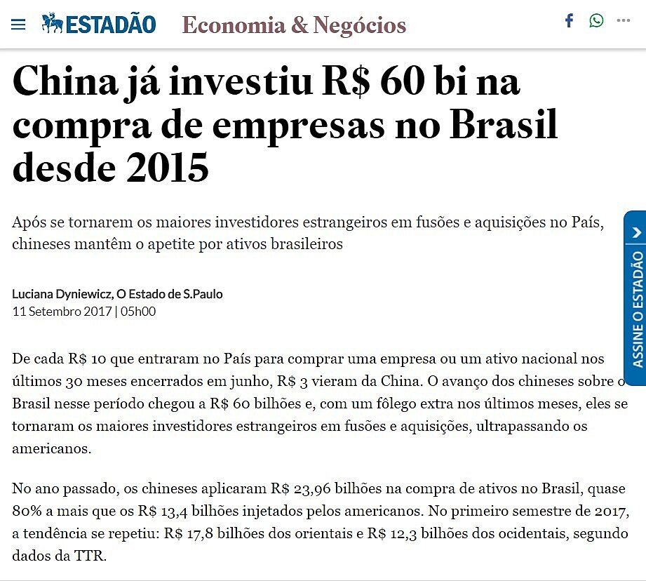 China j investiu R$ 60 bi na compra de empresas no Brasil desde 2015